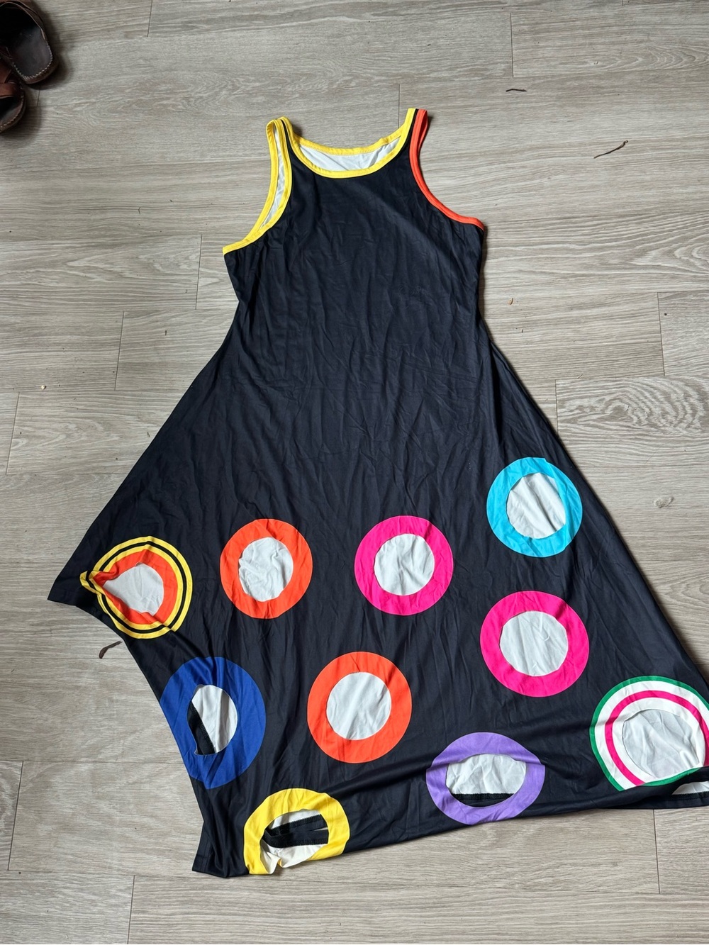 Black Sleeveless Circle-Print Dress with Colorful Trim